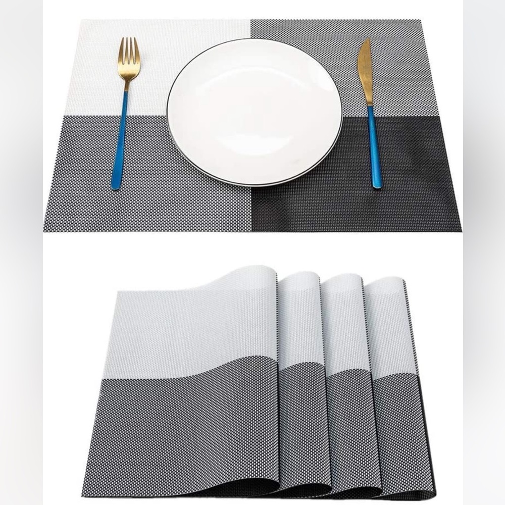 Placemats Set of 4 for Dining Table Woven Vinyl Non-Slip (black and white)